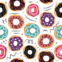 Cute donuts seamless pattern isolated on white background.