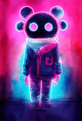 Obraz na płótnie Canvas Watercolor cyberpunk teddy bear in grunge pink and neon glowing blue colors - post-apocalyptic cool artificial intelligence toy fusion. Dystopia future belongs to robotic androids. 