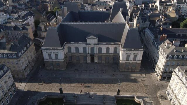 Facade of Brittany Parliament in Rennes city center, France. Aerial top-down forward