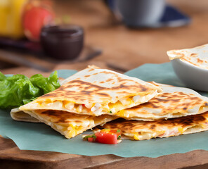 cheese quesadilla, a fatty snack food item, juicy and delicious, ready fast food