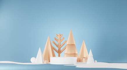 3d Render Merry Christmas Podium platforms scene decorate with christmas tree, gifts, ball and snowflakes in winter season theme. Abstract minimal pedestal product display Festivel Xmas.