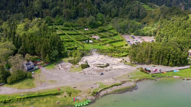 Geothermal hot springs of Furnas with steam vents, Azores, aerial view.