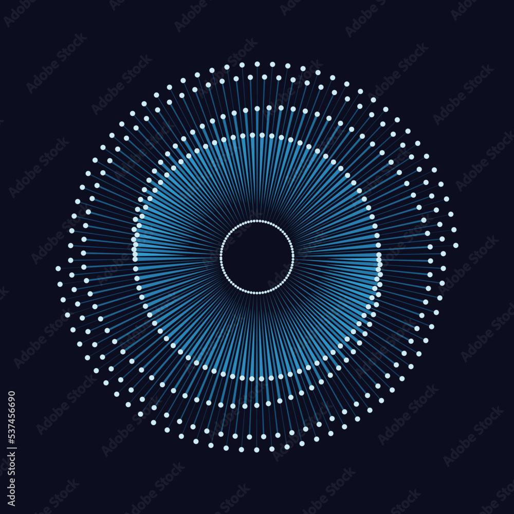 Poster Blue radial lines with dots in circle form. Tattoo template or logo with lines. Abstract art swirl symbol or icon.
