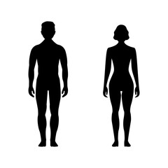 Male and female human character, people man woman front body silhouette isolated on white, flat vector illustration. Black mannequins scale concept.
