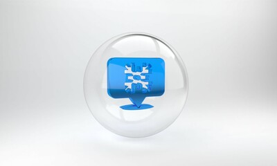 Blue Snowflake with speech bubble icon isolated on grey background. Merry Christmas and Happy New Year. Glass circle button. 3D render illustration