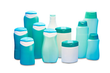 Plastic cosmetic bottles and shampoo isolated white