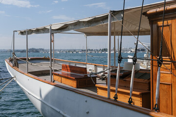 Luxurious wood paneled private steam yacht liner of historic millionaire in port Belle Epoque...