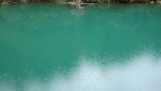 rain drops falling in to a little nice turquoise lake in austria