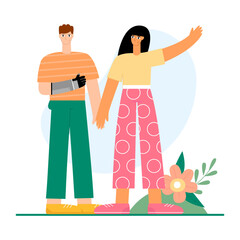 Young man and woman, young man has a prosthetic arm. People with disabilities. Vector illustration