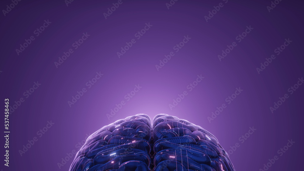 Poster 3d rendering of human brain with glowing led light from digital data circuit board. for artificial i