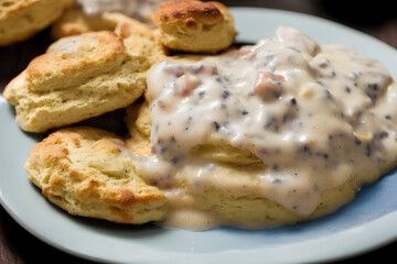 biscuits and gravy, breakfast food item, a yummy and savory meal