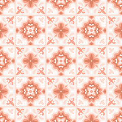 Ceramic tile majolica pattern. Patchwork ornaments, Moroccan, Portuguese design, Azulejo in pink pastel colors. Decorative background for kitchen tiles, floor. Vector geometric illustration.
