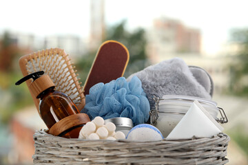 Spa gift set with different products on blurred background, closeup