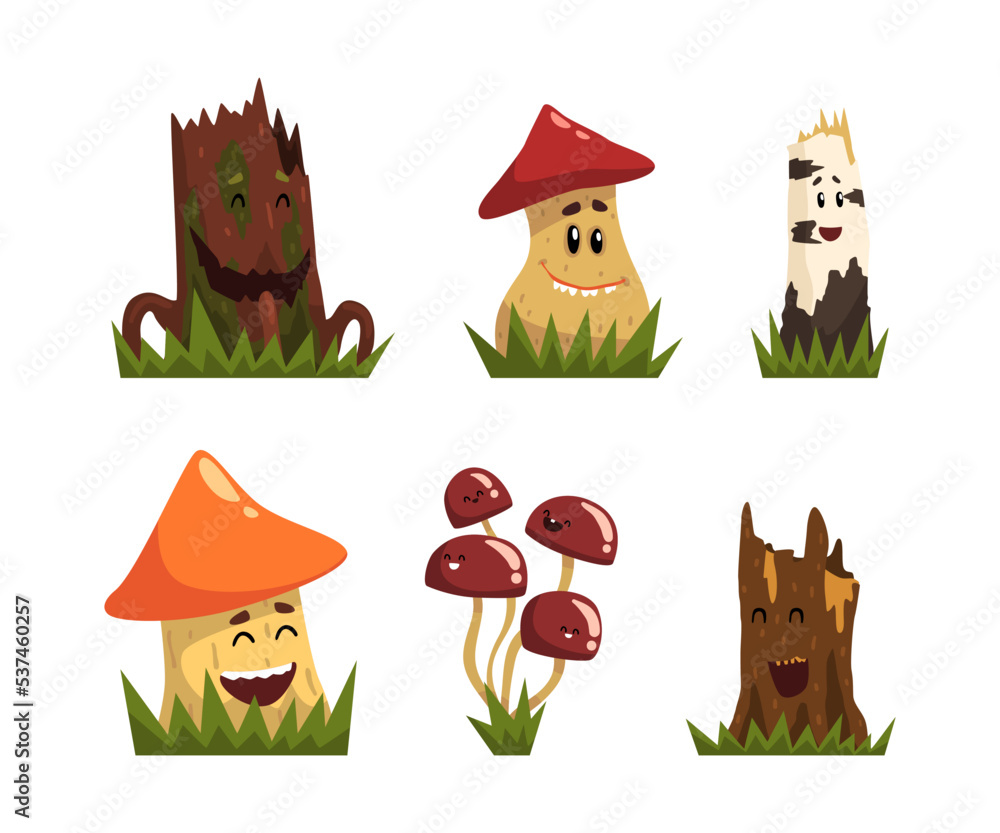 Poster funny mushroom and tree stump characters with smiling faces growing on grass vector set