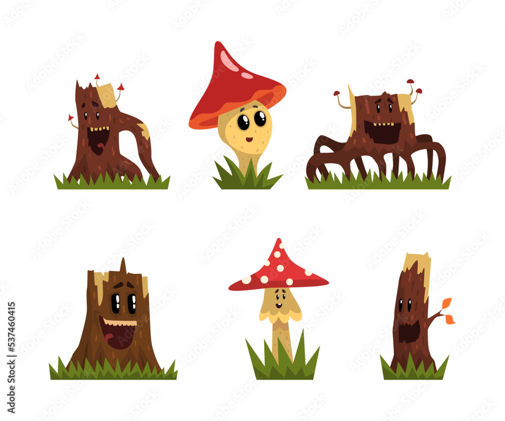 Aufkleber funny mushroom and tree stump characters with smiling faces growing on grass vector set