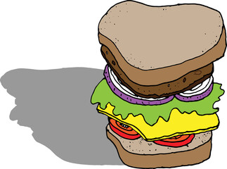 vector sandwich stuffed with celery leaves, tomatoes, onions, cheese, meat.