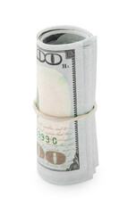 Rolled dollar banknotes isolated on white. American national currency