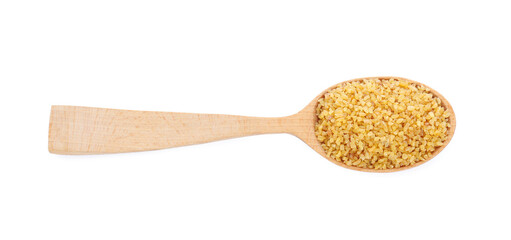 Wooden spoon with uncooked bulgur isolated on white