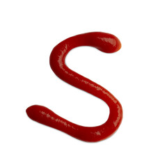 Letter S written with ketchup on white background