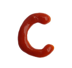 Letter C written with ketchup on white background