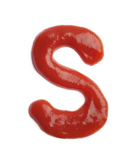 Letter S written with ketchup on white background