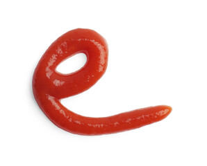 Letter E written with ketchup on white background