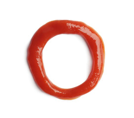 Letter O written with ketchup on white background