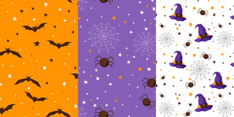 Fototapeta na wymiar Set Halloween cute seamless patterns with bat, spider and witch hat in simple cartoon style, holiday kids design. 