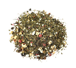 Pile of aromatic herbal tea isolated on white, top view