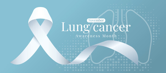Lung cancer awareness month - white awareness ribbon waving on line lung sign with dot texture on soft blue background vector design