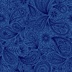LIGHT BLUE VECTOR SEAMLESS BACKGROUND WITH BLUE PAISLEY CONTOUR PATTERN