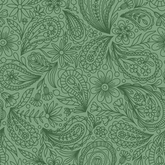 LIGHT GREEN VECTOR SEAMLESS BACKGROUND WITH GREEN PAISLEY CONTOUR PATTERN