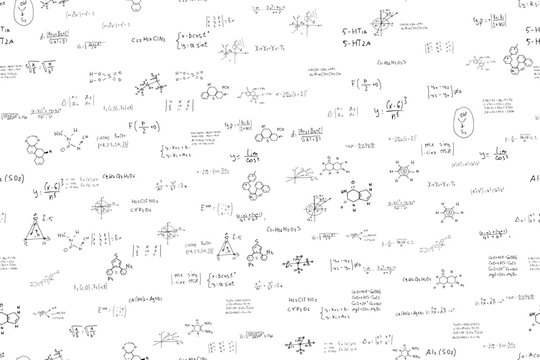Mathematics, chemistry, physics. hand-drawn. scientific, educational expressions and equations.