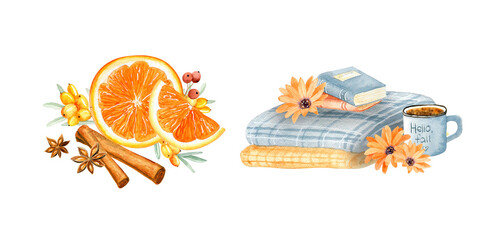Watercolor autumn cozy blanket with books and cup of coffee. Orange citrus with cinnamon and star anise