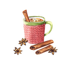 Watercolor knitting mug of coffee with cookies, cinnamon and spicy