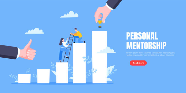Business mentor helps to improve career and holding stairs steps vector illustration. Mentorship, upskills, climb help and self development strategy flat style design business concept.