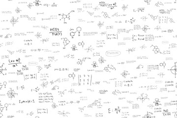 Mathematics, chemistry, physics. hand-drawn. scientific, educational expressions and equations.