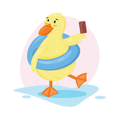 Happy yellow duck in the swimming ring eating ice-cream after swimming. Summer flat illustration of the duck.