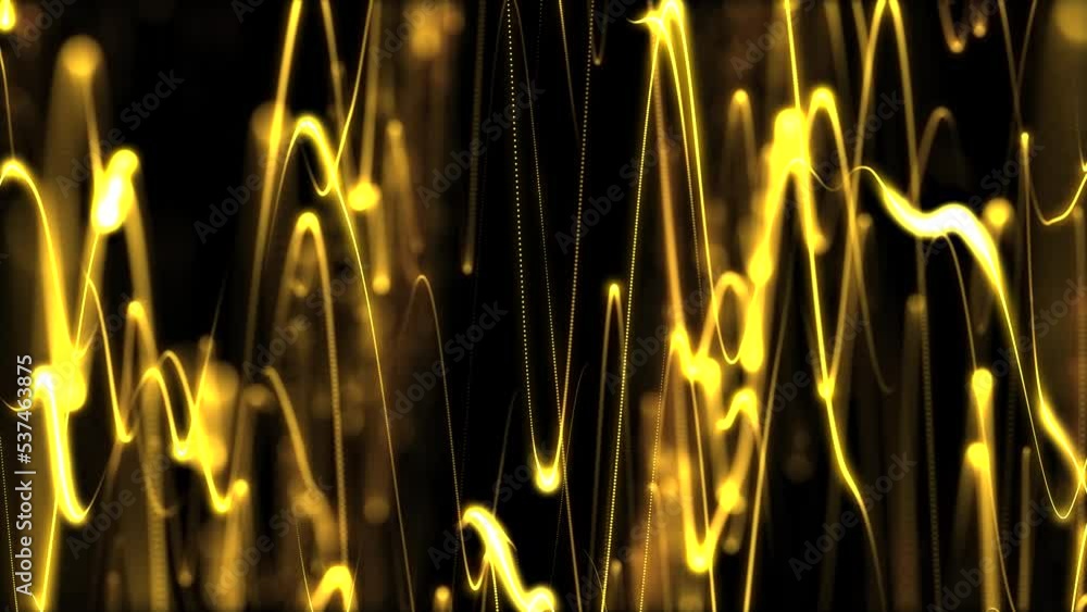 Poster golden particles wave flow with dust and bokeh shimmering light rays looped animation seamless loop.