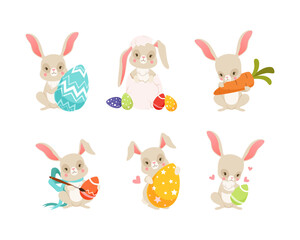 Cute Easter Bunny with Colorful Decorated Eggs with Brush and Carrot Vector Set