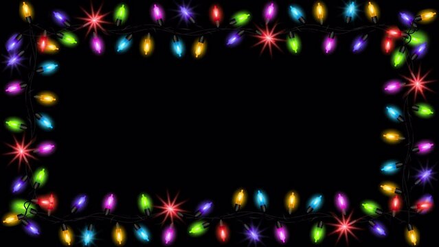 Looping Christmas Frame With Colorful Light Bulbs on Alpha Channel 4K Video. Beautiful Christmas Lights