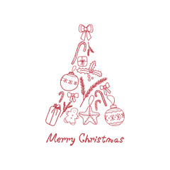 Vector Illustration with presents, candies, etc. and text Merry Christmas. For greeting card, party invitation, post in social media or mailing, web, advertising banner, sale brochure, cover, poster