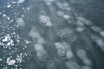 Texture footprints on a frozen river, view from above