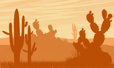 Desert silhouette with cacti and stones. Vector landscape