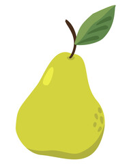 Vector illustration of juicy green pear with leaf. Isolated on white background.