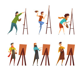 Man Artist Painting on Canvas with Drawing Easel and Brush Vector Set