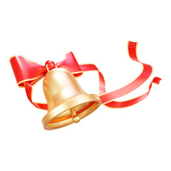 Golden bell with red bow 3d rendering illustration