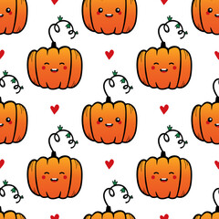 Cute doodle style pumpkin characters and red hearts vector seamless pattern background for autumn, harvest, thanksgiving design.
