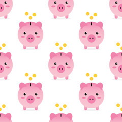 Cute pink piggy bank with golden coins vector seamless pattern background for savings, economy, money related design.
