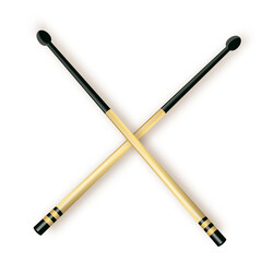 Drumsticks. Crossed wooden drumsticks. Percussion musical instrument. Rock or jazz equipment.